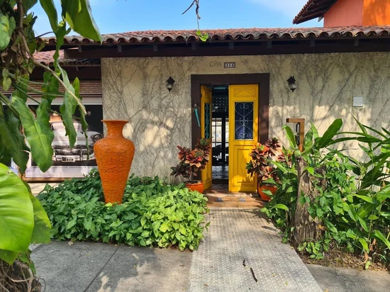 A porta amarela da casa vista da rua, com plantas e um vaso de barro ao lado